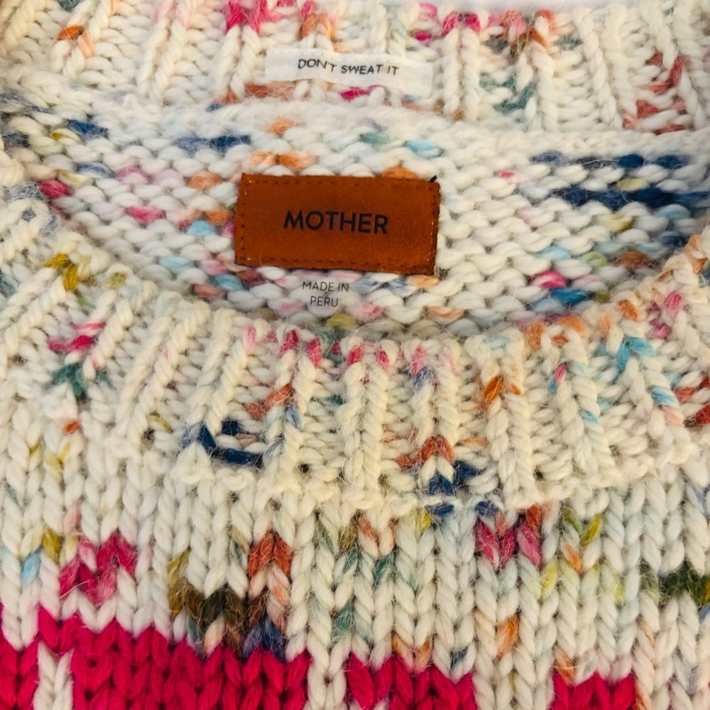 MOTHER Cream Speckled Crewneck Sweater with Pink Intarsia - Picture 9 of 10